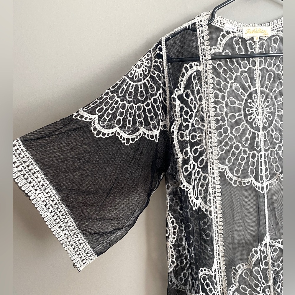 Rebellion Kimono Beach Cover Open Cardigan Embroidered Size M - Picture 2 of 6